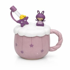 Vasukie Sweet Purple Coffee Mug with Lid & Glass Straw with Cap, Mugs for Coffee, Gift for Woman, Birthday Gift for Girl, Ceramic Mug, 3D Coffee Mug (Sweet Purple Mug)