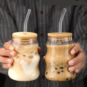KiKiluxxa Round Green Tea Coffee Glass Cup Mug Can Sipper with Lid and Straw-510ml-1pcs Only- Fruit Juice Milk Glass Tumbler with Multi Clour Straw (Vilost Can 1)